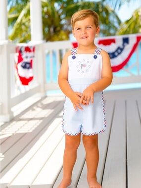 The Beaufort Bonnet Company Light Blue Patriotic Shortall with Red & Navy Trim